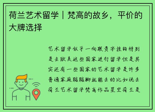荷兰艺术留学｜梵高的故乡，平价的大牌选择